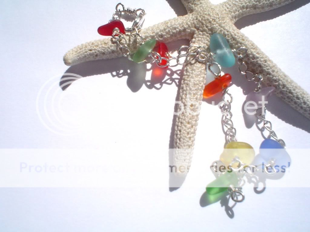 925 Sterling Silver Sea Beach Glass Rainbow Bracelet~Red cobalt 