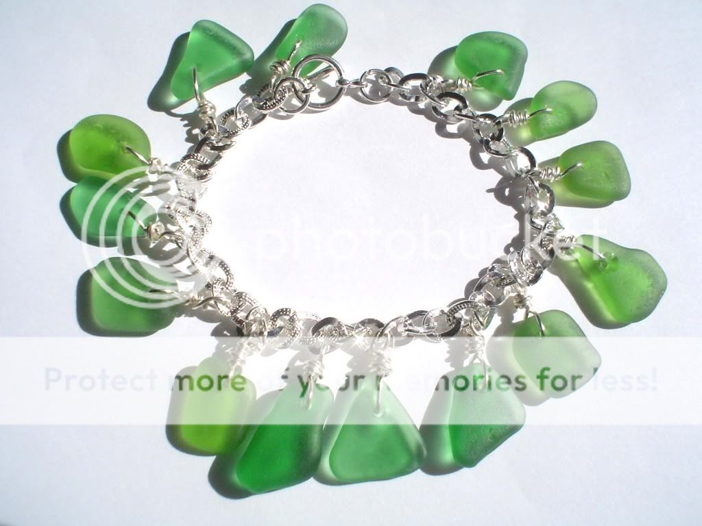 Silver Emerald Green Sea Beach Glass Charm Bracelet  